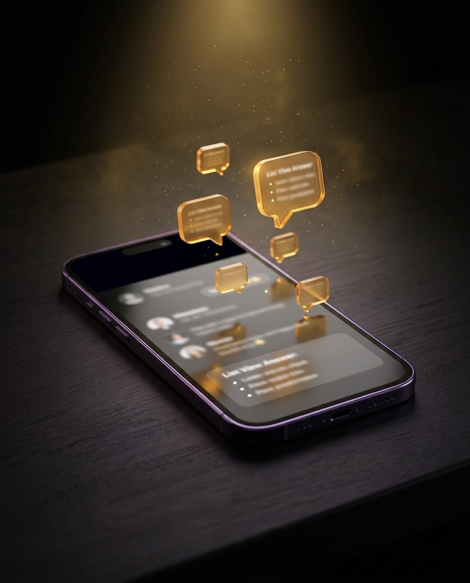 Smartfon z odpowiedzią czatu AI i złote dymki rozmowy nad ekranem, widoczność marki w ChatGPT i wyszukiwarkach AI